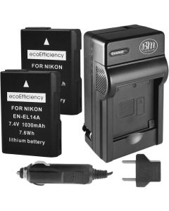 ecoEfficiency 2-Pack of EN-EL14, EN-EL14A Batteries + Battery Charger for Nikon D3500, D3100, D3200, D3300, D3400, D5100, D5200, D5300, D5500, D5600, DF, Coolpix P7000, P7100, P7700, P7800 Cameras