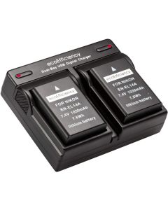ecoEfficiency 2 Pack of Fully Decoded EN-EL14, EN-EL14A Batteries and Dual Battery Charger for Nikon D3400, D3500, D5600 Digital SLR Camera
